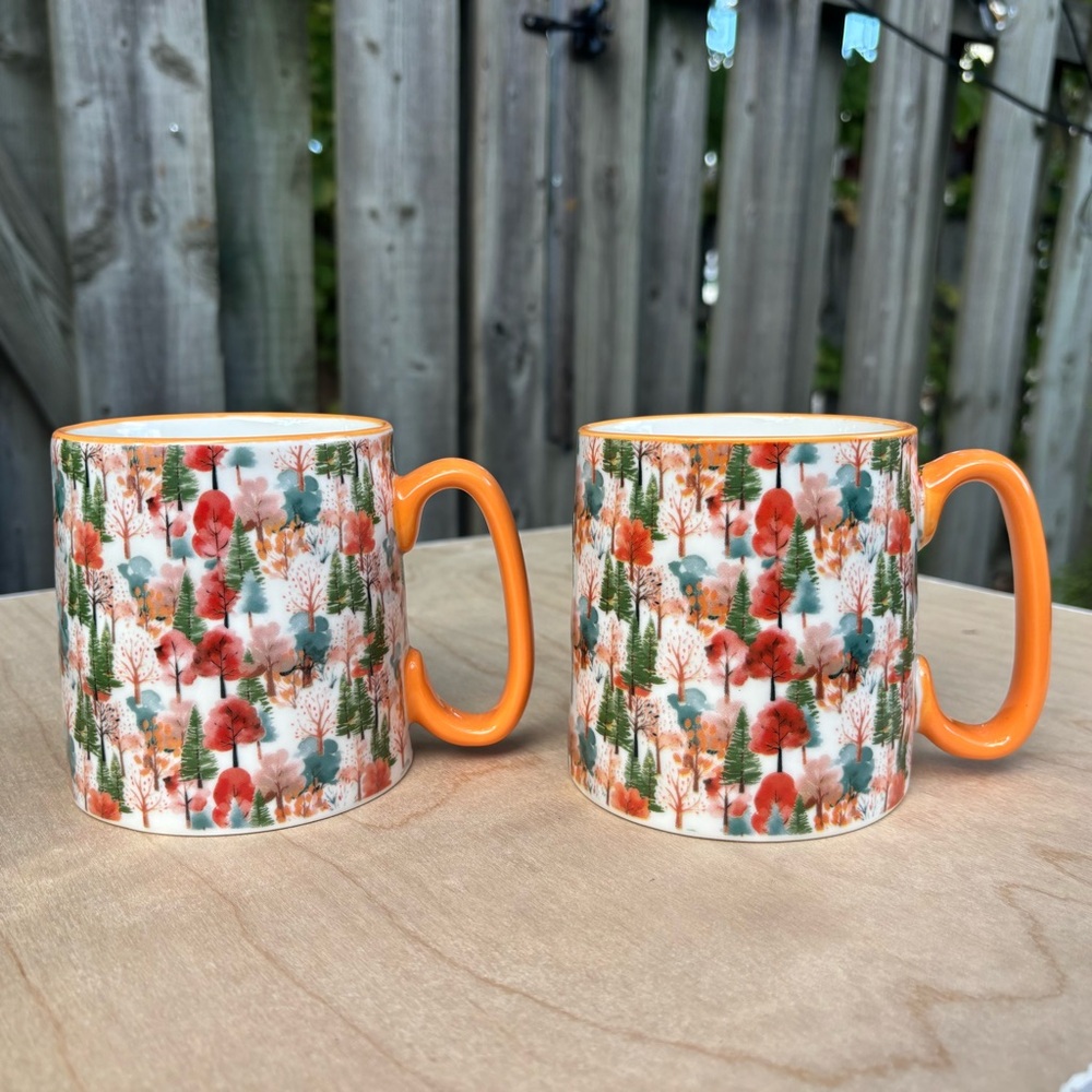 10 Strawberry Street Pair Of Orange & White Fall Tree Pattern Mugs